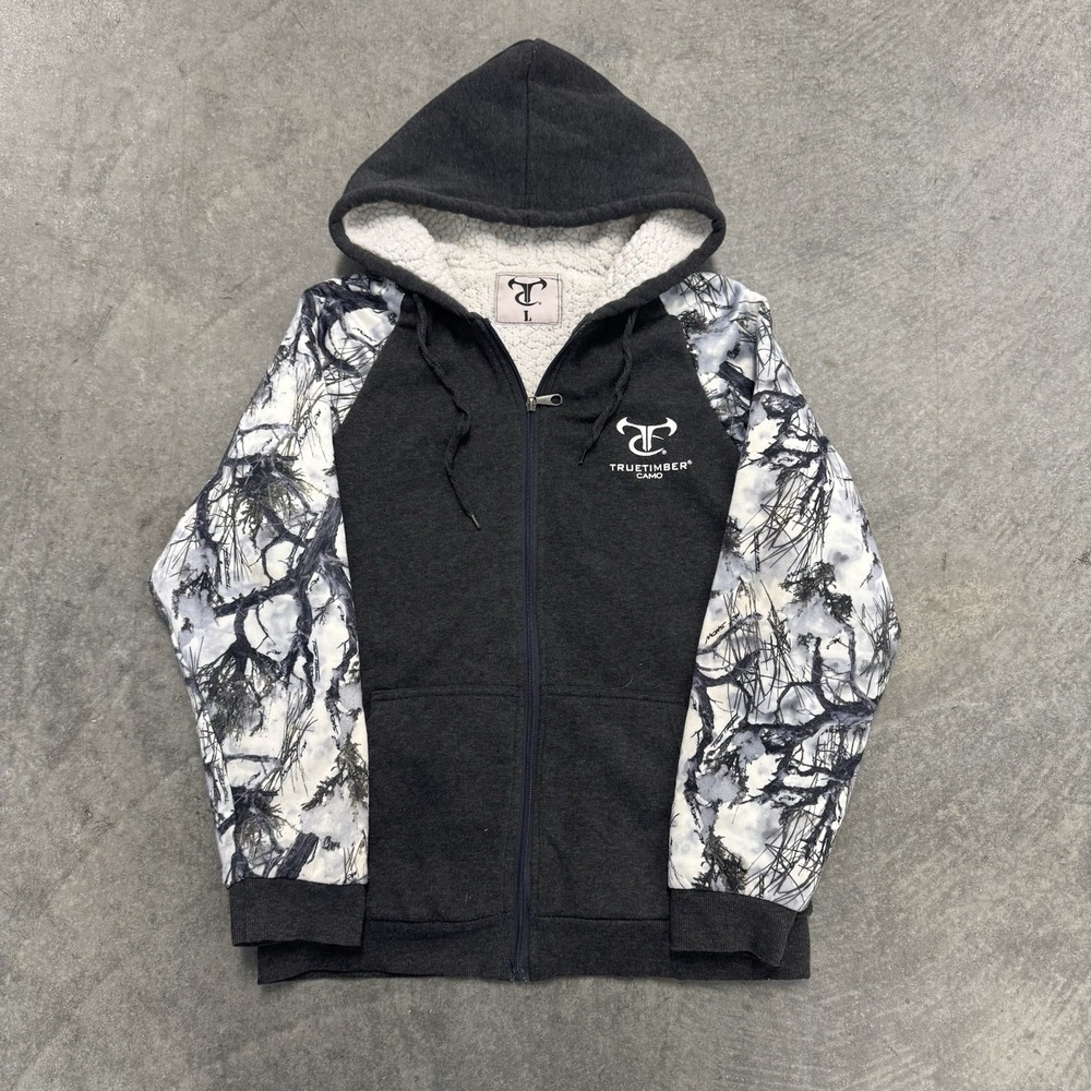 Women's True Timber Camo Hoodie Full Zip Dark Gray Fleece Lined Camouflage Large